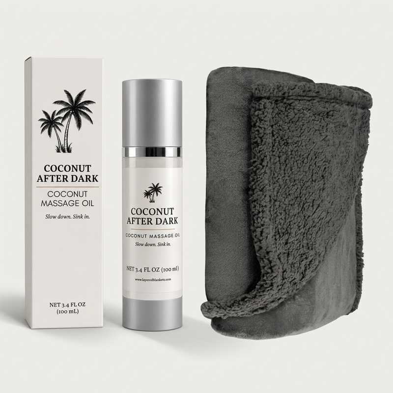 The After Dark Set, a gift for couples with a waterproof blanket and unscented massage oil